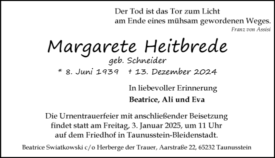 Traueranzeige von Margarete Heitbrede von Idsteiner Land/Untertaunus