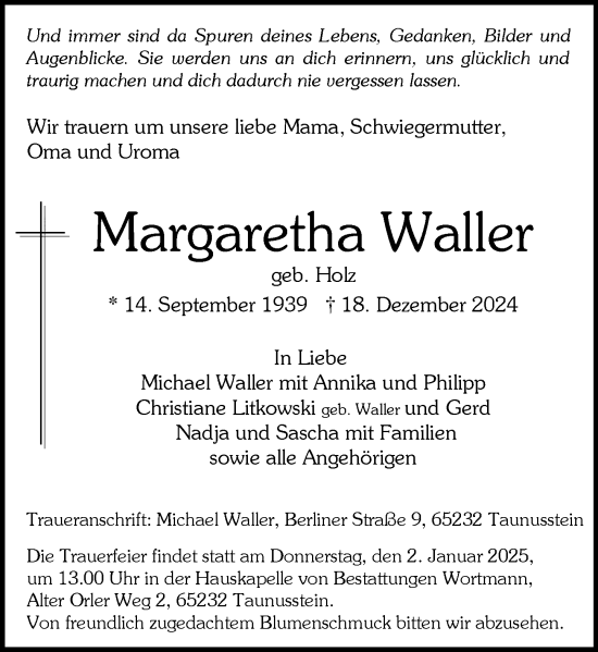 Traueranzeige von Margaretha Waller von Wiesbadener Kurier