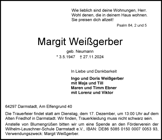 Traueranzeige von Margit Weißgerber von Darmstädter Echo