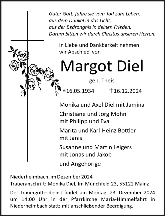 Traueranzeige von Margo Diel von Allgemeine Zeitung Rheinhessen-Nahe