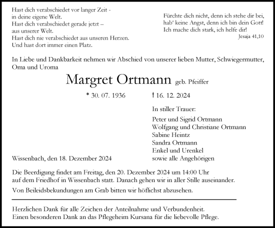 Traueranzeige von Margret Ortmann von Dill Block