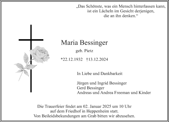 Traueranzeige von Maria Bessinger von Starkenburger Echo