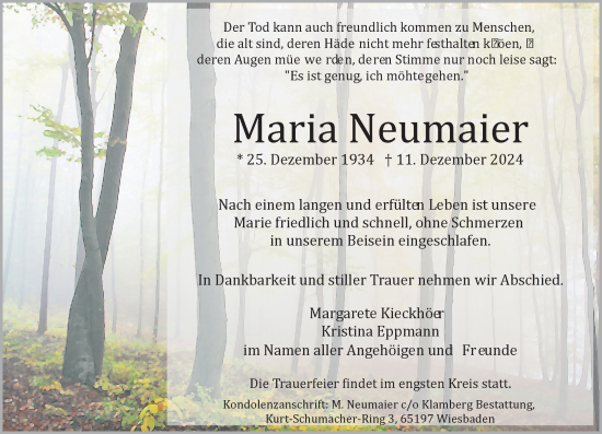 Traueranzeige von Maria Neumaier von Wiesbadener Kurier