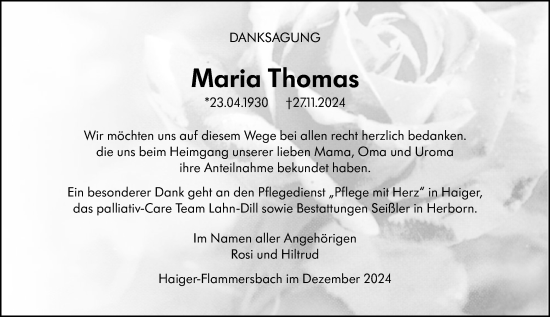 Traueranzeige von Maria Thomas von Dill Block