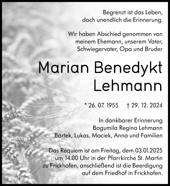 Traueranzeige von Marian Benedykt Lehmann von Nassauische Neue Presse