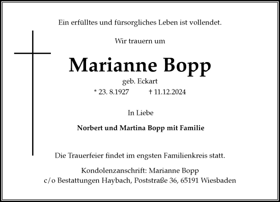 Traueranzeige von Marianne Bopp von Wiesbadener Kurier