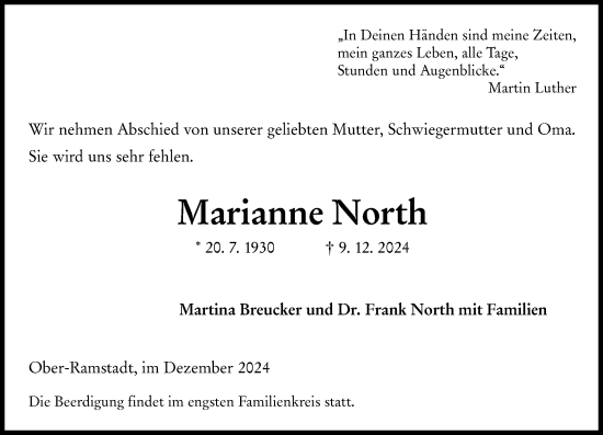 Traueranzeige von Marianne North von Darmstädter Echo