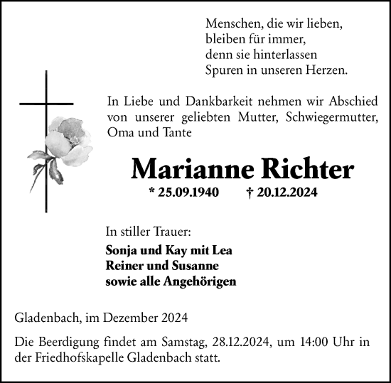 Traueranzeige von Marianne Richter von Hinterländer Anzeiger