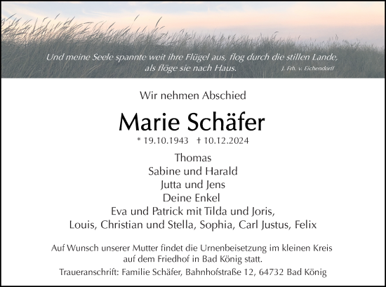 Traueranzeige von Marie Schäfer von Odenwälder Echo