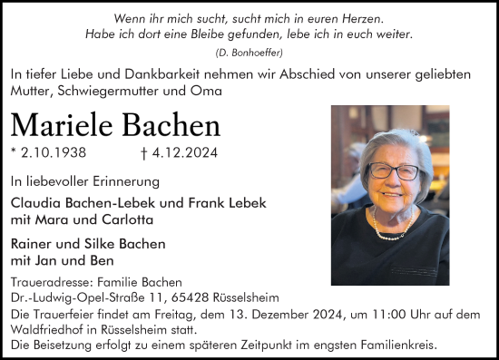 Traueranzeige von Mariele Bachen von Rüsselsheimer Echo