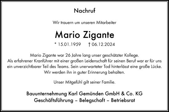 Traueranzeige von Mario Zigante von Allgemeine Zeitung Rheinhessen-Nahe