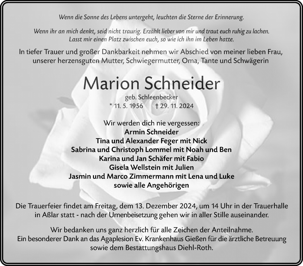  Traueranzeige für Marion Schneider vom 10.12.2024 aus Wetzlarer Neue Zeitung