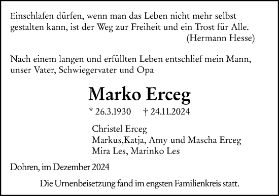 Traueranzeige von Marko Erceg von Dill Block