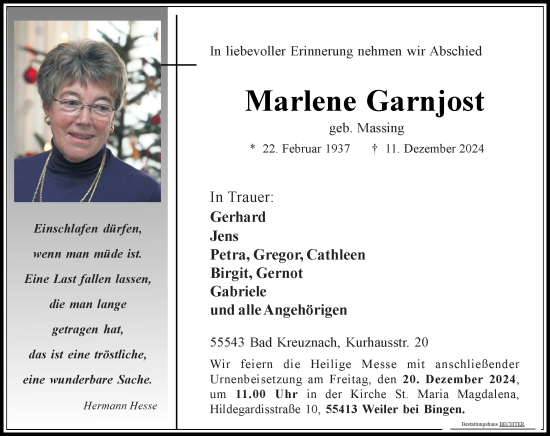 Traueranzeige von Marlene Garnjost von Allgemeine Zeitung Rheinhessen-Nahe