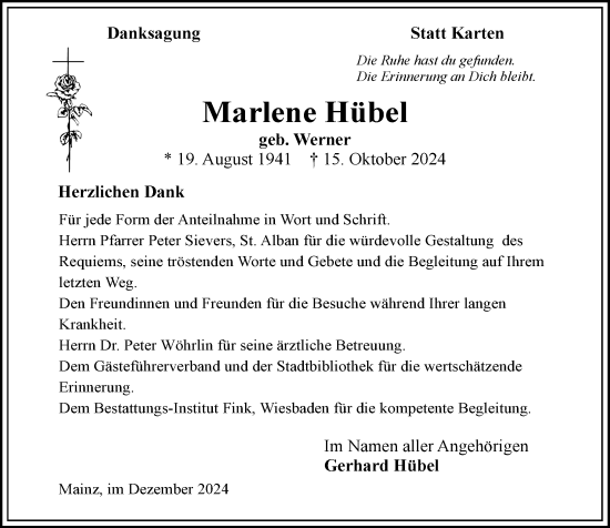 Traueranzeige von Marlene Höbel von Wiesbadener Kurier