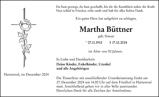 Traueranzeige von Martha Büttner von Hinterländer Anzeiger