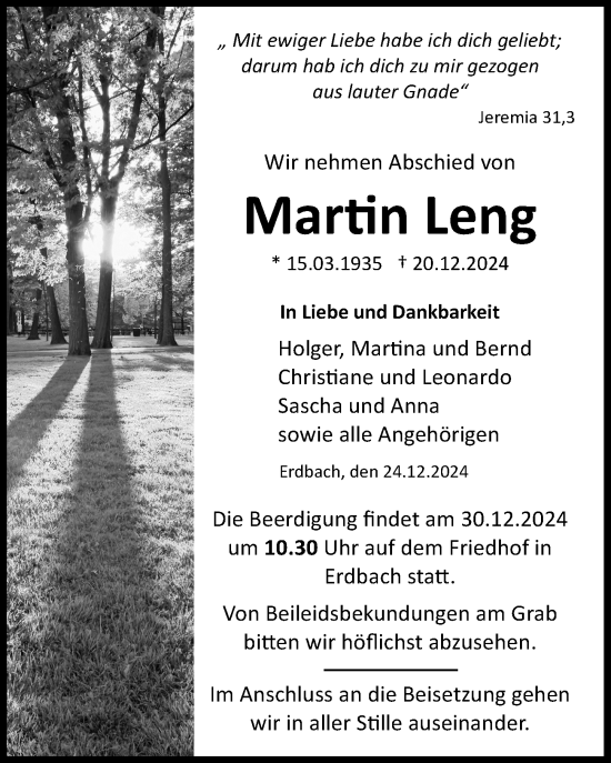 Traueranzeige von Martin Leng von Dill Block