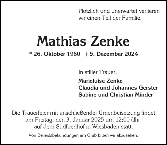 Traueranzeige von Mathias Zenke von Wiesbadener Kurier