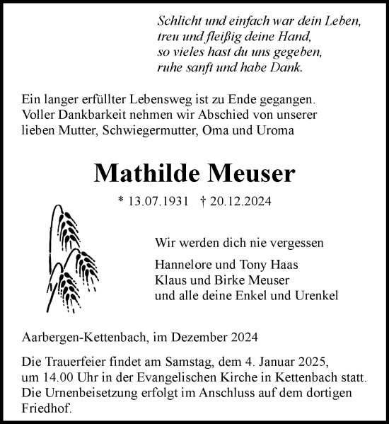 Traueranzeige von Mathilde Meuser von Idsteiner Land/Untertaunus