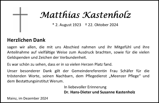 Traueranzeige von Matthias Kastenholz von Allgemeine Zeitung Mainz