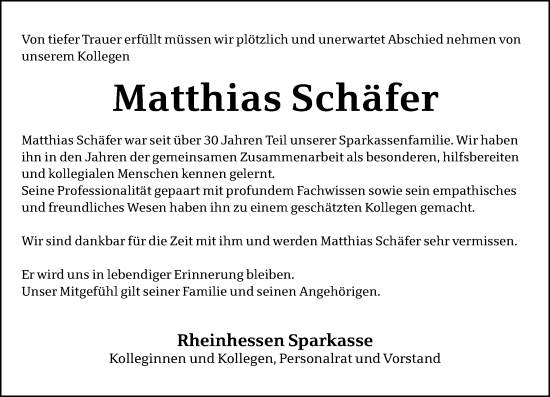 Traueranzeige von Matthias Schäfer von Allgemeine Zeitung Alzey