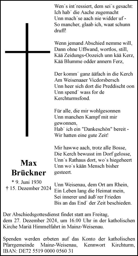 Traueranzeige von Max Brückner von Allgemeine Zeitung Mainz