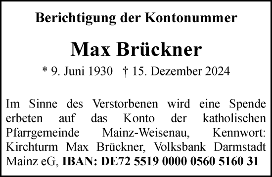 Traueranzeige von Max Brückner von Allgemeine Zeitung Mainz