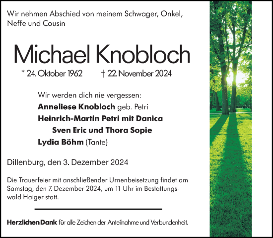 Traueranzeige von Michael Knobloch von Dill Block