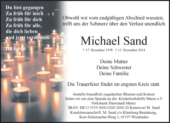 Traueranzeige von Michael Sand von Wiesbadener Kurier