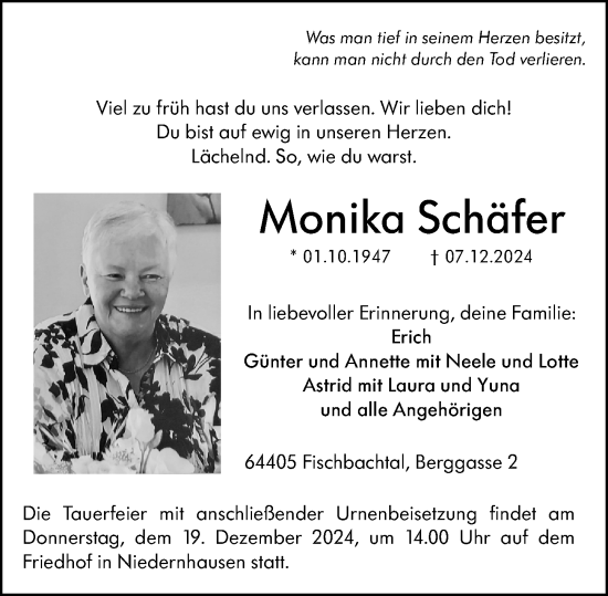 Traueranzeige von Monika Schäfer von Darmstädter Echo