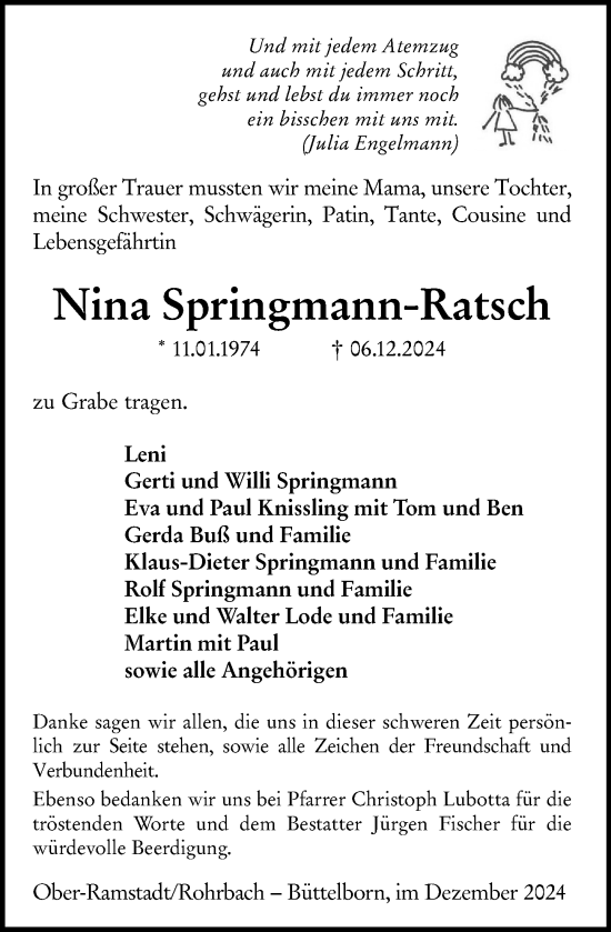 Traueranzeige von Nina Springmann-Ratsch von Darmstädter Echo