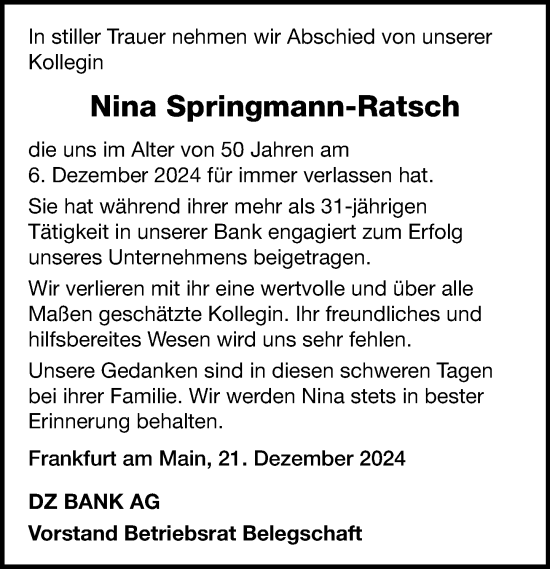 Traueranzeige von Nina Springmann-Ratsch von Darmstädter Echo