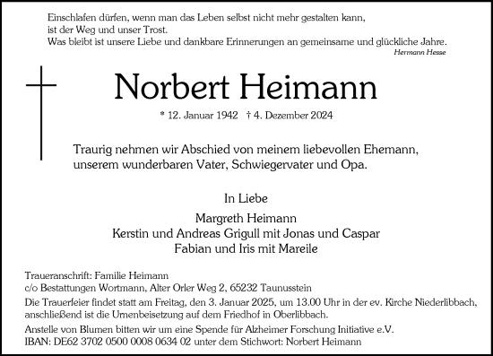 Traueranzeige von Norbert Heimann von Wiesbadener Kurier