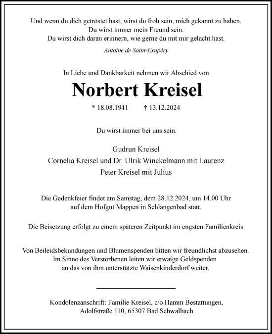 Traueranzeige von Norbert Kreisel von Wiesbadener Kurier