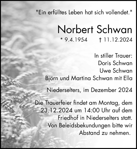 Traueranzeige von Norbert Schwan von Camberger Anzeiger