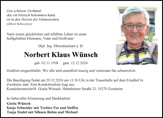 Traueranzeige von Norbert Klaus Wünsch von Allgemeine Zeitung Mainz