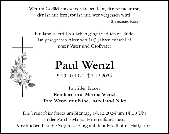 Traueranzeige von Paul Wenzl von Rheingau Kurier