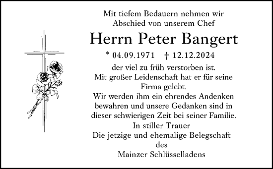 Traueranzeige von Peter Bangert von Allgemeine Zeitung Mainz