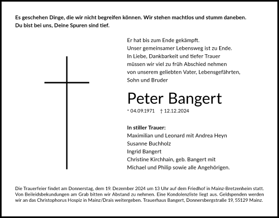 Traueranzeige von Peter Bangert von Allgemeine Zeitung Mainz