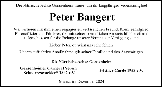 Traueranzeige von Peter Bangert von Allgemeine Zeitung Mainz