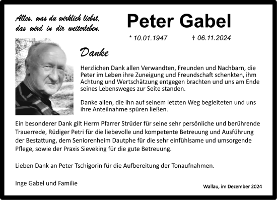 Traueranzeige von Peter Gabel von Hinterländer Anzeiger