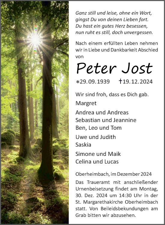 Traueranzeige von Peter Jost von Allgemeine Zeitung Rheinhessen-Nahe