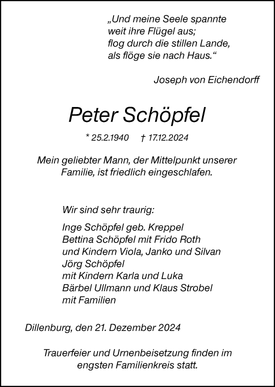 Traueranzeige von Peter Schöpfel von Dill Block