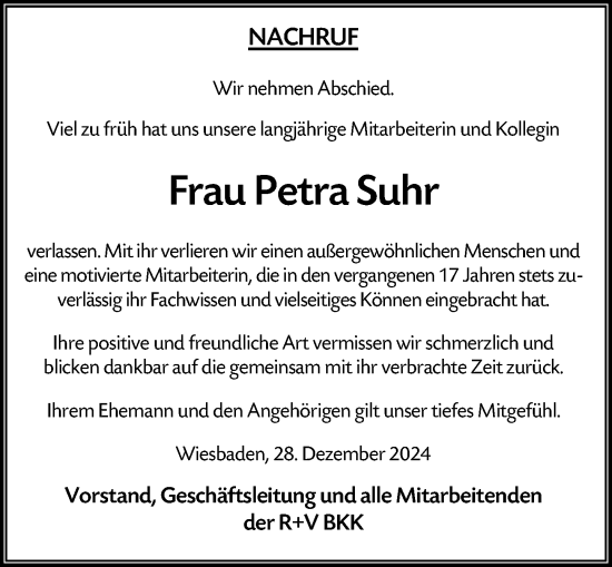 Traueranzeige von Petra Suhr von Wiesbadener Kurier