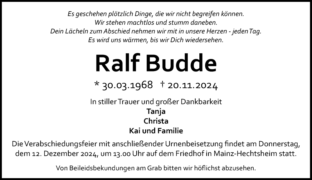  Traueranzeige für Ralf Budde vom 07.12.2024 aus Allgemeine Zeitung Mainz