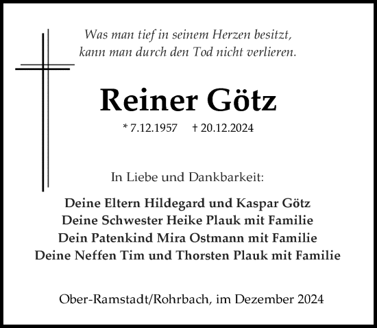 Traueranzeige von Reiner Götz von Darmstädter Echo