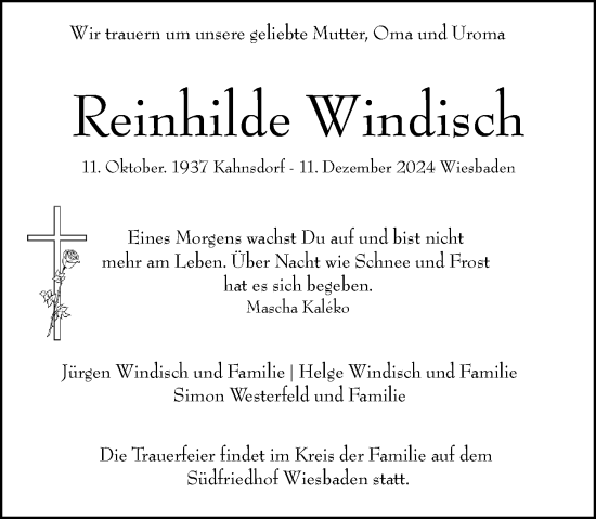 Traueranzeige von Reinhilde Windisch von Wiesbadener Kurier