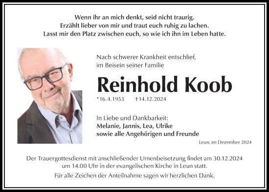 Traueranzeige von Reinhold Koob von Wetzlarer Neue Zeitung