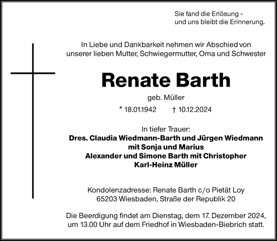 Traueranzeige von Renate Barth von Wiesbadener Kurier