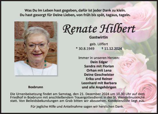 Traueranzeige von Renate Hilbert von Odenwälder Echo